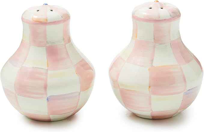 MACKENZIE-CHILDS Enamel Salt and Pepper Shakers, Kitchen Table Accessories, Pink-and-White Rosy Check