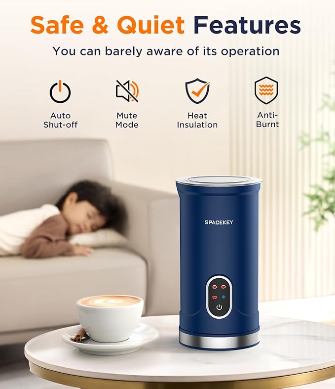 Spacekey Milk Frother Electric Automatic Frother for Coffee with Mute Mode, 10.1oz/300ml Overheat Protection Milk Steamer, 4-in-1 Warm and Cold Foam Maker for Latte/Hot Chocolate