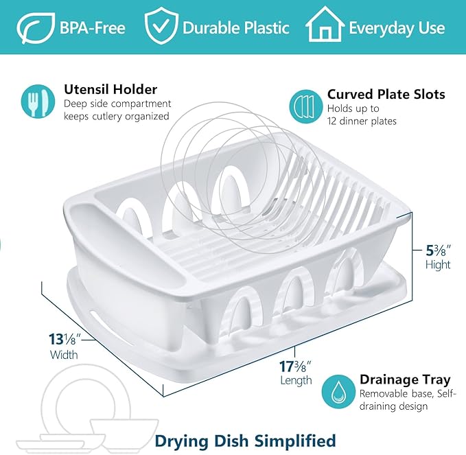 Tribello Sink Dish Drying Rack, Large Heavy Duty Hard Plastic Sink Set with Drainer (White) - Made in USA