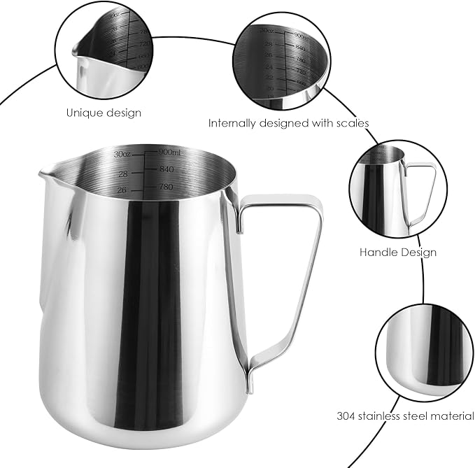 2 Pack Milk Frothing Pitcher 900ml 32oz Steaming Pitchers Stainless Steel Milk/Coffee/Cappuccino/Latte Art Steam Pitchers Milk Jug Cup with Art Pen(2)