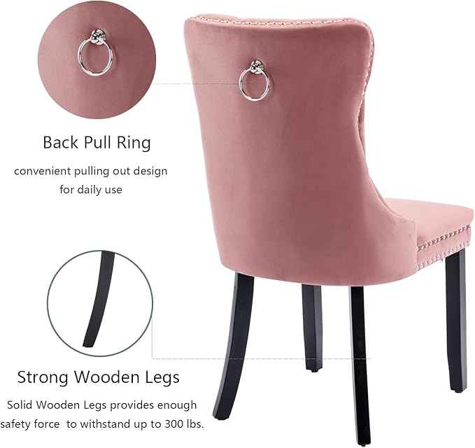 Pink Velvet Dining Chairs Set of 6, Upholstered Dining Room Chairs with Back Ring Pull Trim and Solid Wood Legs, Tufted Wingback Kitchen Chairs for Dining Room,Living Room,Kitchen(Pink)