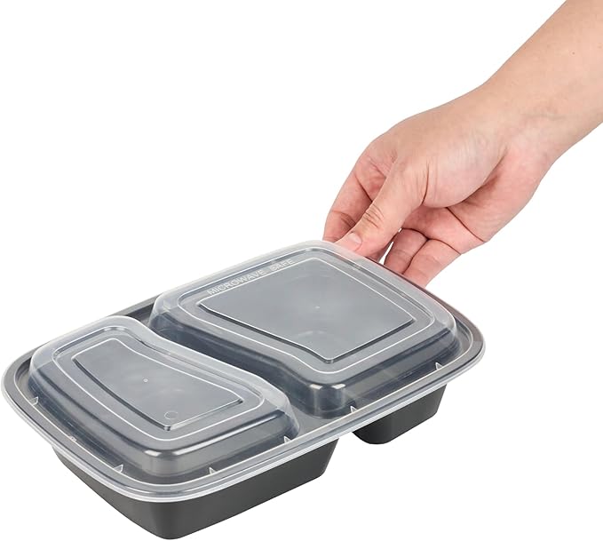 Asporto 32 Ounce Compartment Take Out Boxes, 50 Microwavable Meal Prep Containers - 2 Compartments, With Clear Plastic Lids, Black Plastic Food Containers, Do Not Contain BPA - Restaurantware