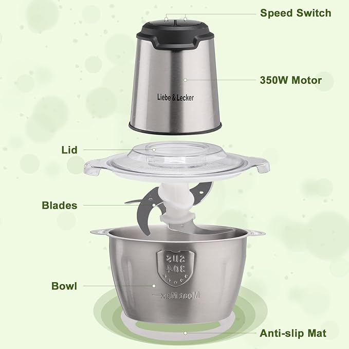 Liebe&Lecker Food Processor, Meat Grinder with 1 Bowl 8 Cup, Electric Food Chopper with 4 Large Sharp Blades for Meat, Fruits, Vegetables, Baby Food, Nuts, 2 Speed