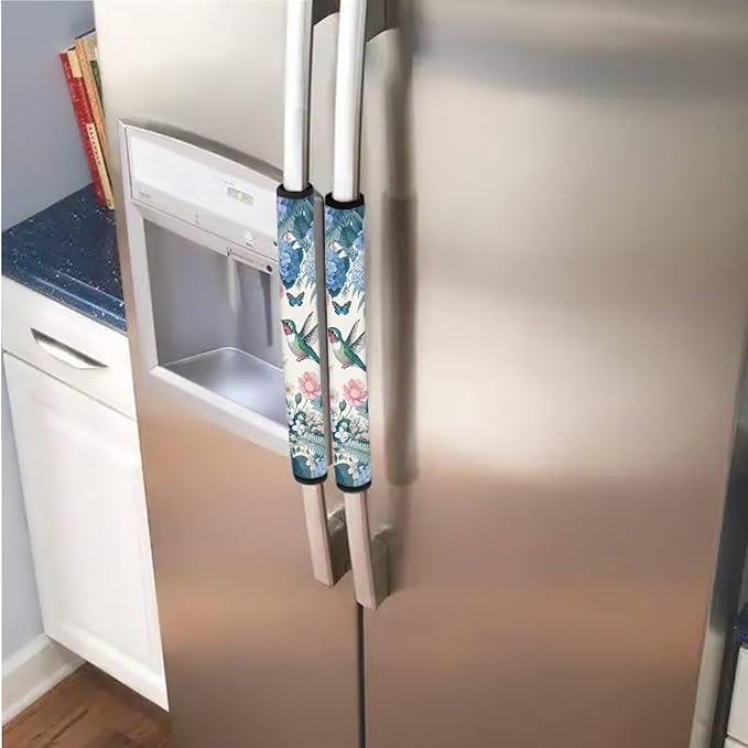 Refrigerator Door Handle Covers Set of 6 Washable Electric Appliance Decor Handles Anti-Skid Kitchen Accessories for Indoor Home Decor, Hummingbird Peony Daisy Butterfly