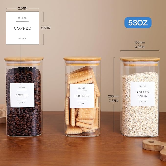CZZGSM 3 Pack Square Glass Kitchen Storage Jars with Airtight Bamboo Lids and 132 Pantry Labels - 54oz Glass Canisters with Wood Lids - Food Storage for Sugar, Rice, Pasta, Cereal