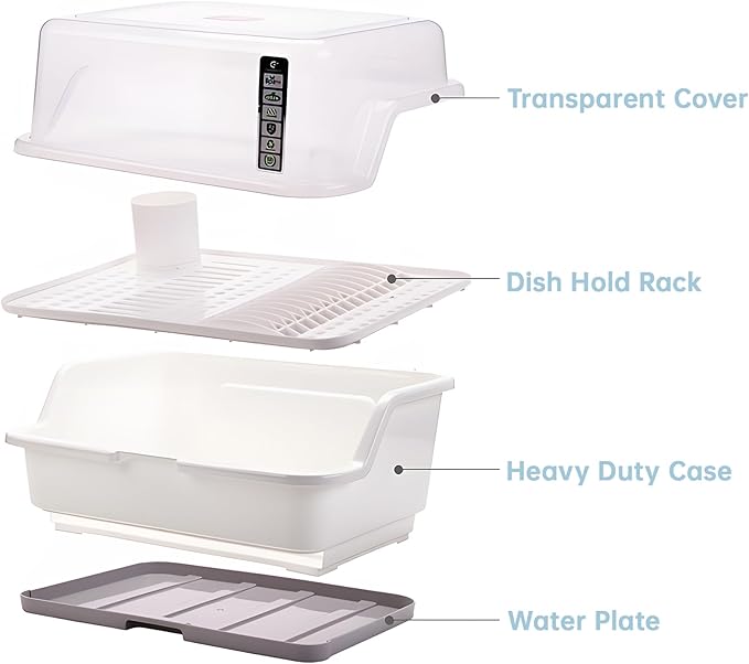 Tomorotec Medium Size Dish Drying Rack and Drain Board with Lid Cover, 16" x 12.2" x 10.6" Nursing Bottle Holder, Kitchen Plate Cup Tray Cutlery Drainer