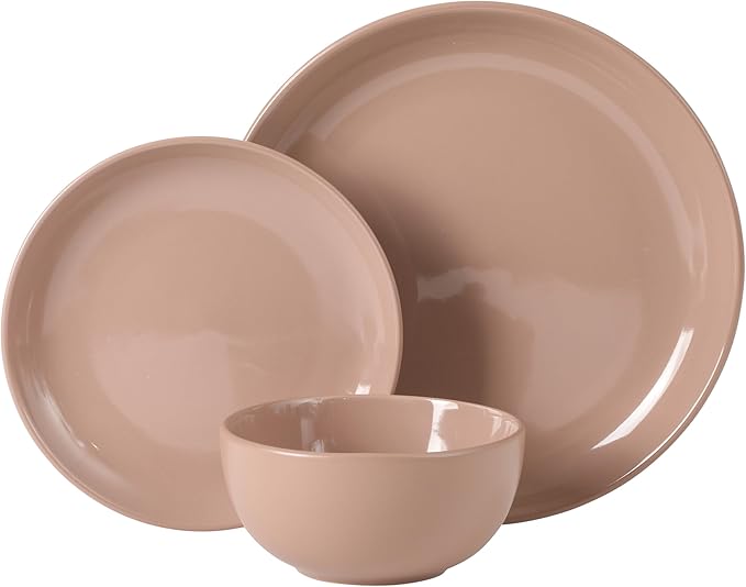 Gibson Home Rockaway 12 Piece Plates and Bowls Matte Outside/Shiny Inside Glaze Service for 4 Dinnerware Set - Pink - Dishwasher and Microwave Safe