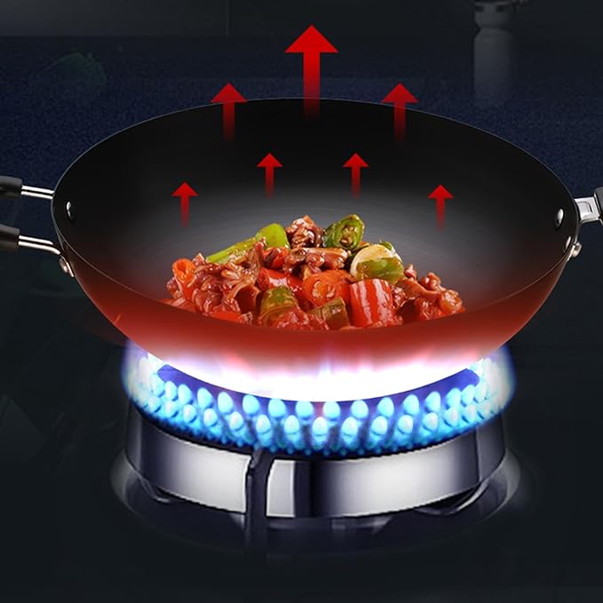 Wok Pan with Lid Nonstick Wok 34cm, Carbon Steel Woks Stir-Fry Pans, No Chemical Coated Flat Bottom Chinese Wok, for Electric, Induction and Gas Stoves