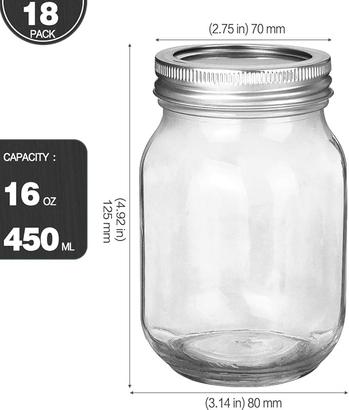 KAMOTA Mason Jars 16 oz With Regular Lids and Bands, Ideal for Jam, Honey, Wedding Favors, Shower Favors,DIY Spice Jars, 18 PACK, 20 Whiteboard Labels Included