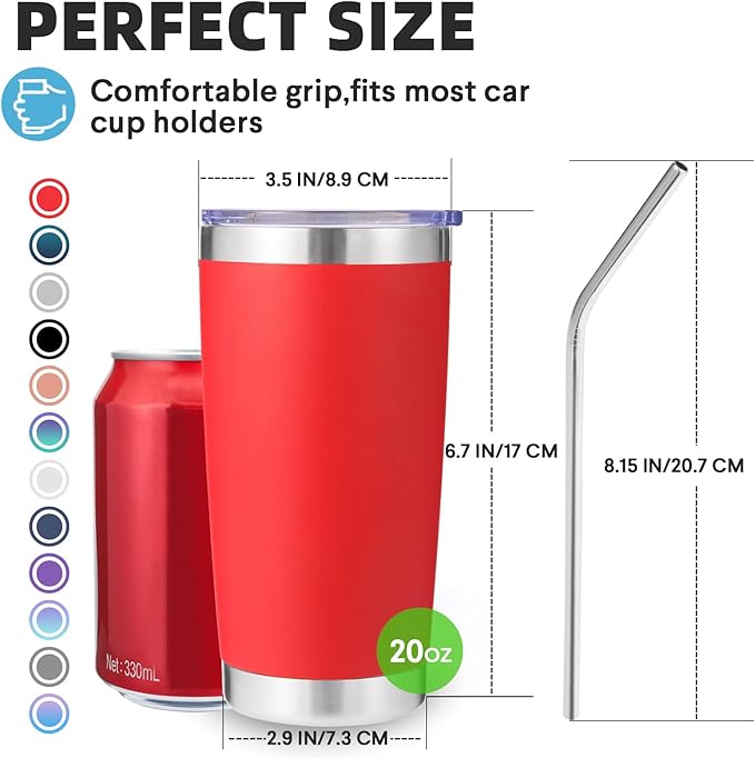 Volhoply 20oz Stainless Steel Tumbler with Lid and Straw,Double Wall Insulated Travel Iced Coffee Mug Fits Car Cup Holder,Powder Coated Cups for Hot and Cold Drinks,Gifts for Women Men（Red,1 Set）