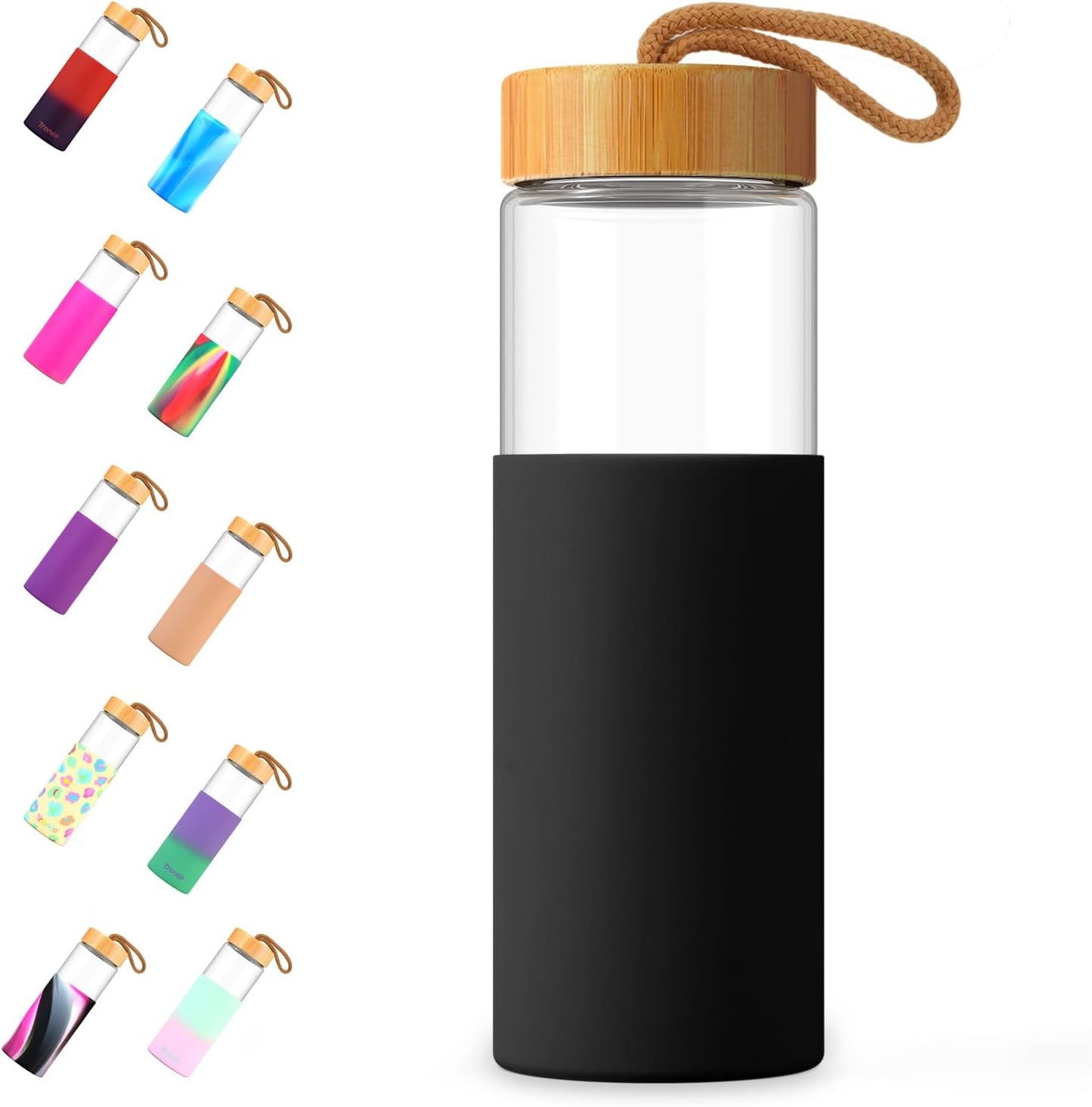 Tronco 24oz Glass Water Bottles with Bamboo Lid & Silicone Sleeve, Leak Proof, BPA Free, Reusable Borosilicate Glass Bottles for Juicing, Smoothies, Juice & Water, for Men & Women Gym, Office, Travel