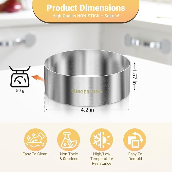 9 Pack Hamburger Bun Rings, Burger Mold, 4.2 inch Large Ring Molds for Cooking, Nonstick, Made of Food Grade 304 Stainless Steel, Cooking Rings for Fried Eggs, Crumpets, Pancakes, Muffins and More