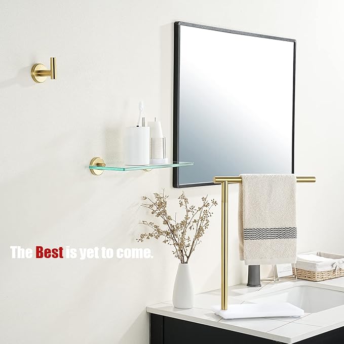JQK Bathroom Glass Shelf Gold, Tempered Glass Shower Storage 12 by 5 inches, 304 Stainless Steel Brushed Gold Wall Mount, TGS101L12-BG