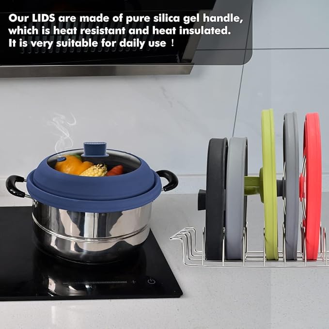 Microwave Splatter Cover Glass Cover Guard Lid with Collapsible Silicone for Food Pot Plate Cover 11.8 inch Dark Blue