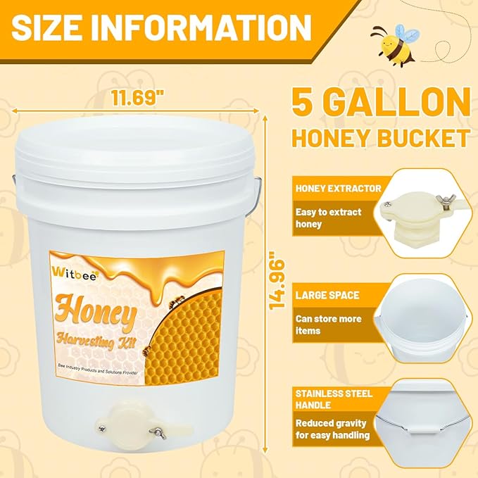 witbee 2 Pack Plastic Honey Bucket, 5 Gallon Bucket with Honey Gate Valve for Honey Extractor Equipment, Honey Harvesting Tool, Beekeeping Supplies