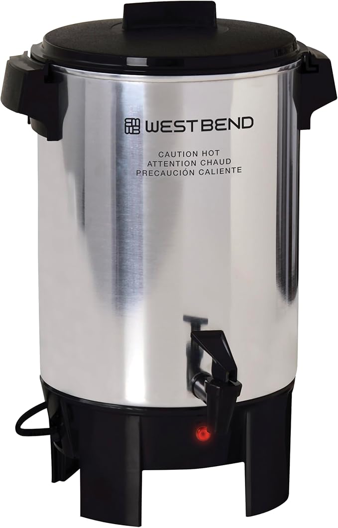 West Bend Coffee Urn Highly-Polished Aluminum Features Automatic Temperature Control with Cup Per Minute Brewing and Easy Clean Up Includes In-Basket Measuring Guide and Ready Light, 30-Cup, Silver