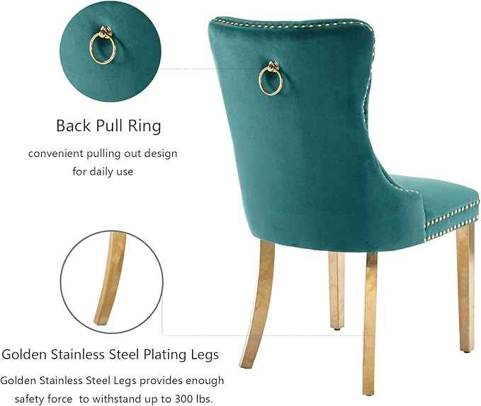 Velvet Dining Chairs Set of 6, Upholstered Dining Room Chairs with Back Ring Pull Trim and Golden Stainless Steel Legs,Modern Kitchen Chairs Perfect for Dining Room,Living Room,Kitchen(Green)