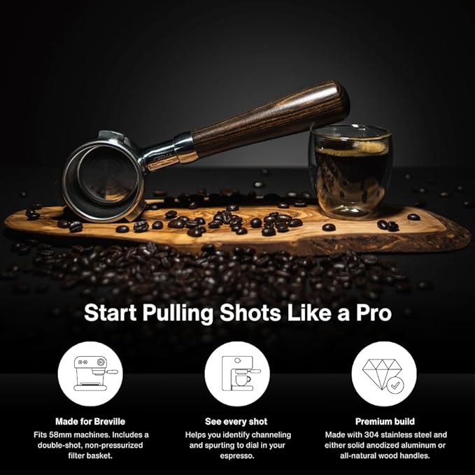 CREMA Coffee Products 58mm Bottomless Naked Portafilter | Compatible with 58mm for E61 | Includes Double Shot Filter Basket | Olivewood