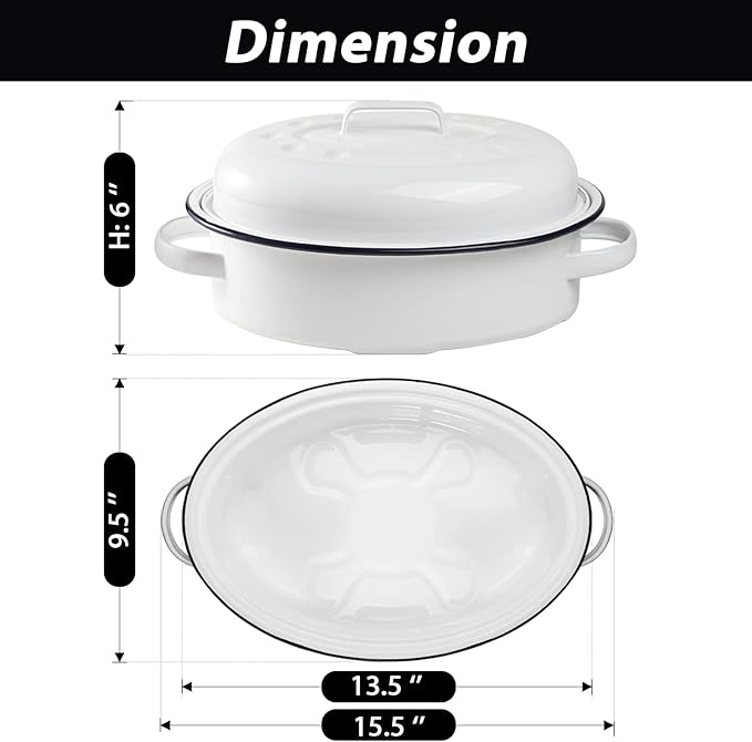 Webake Enameled Roasting Pan with Lid, Covered Roaster Pan Oval Pot Enamelware Cookware, 15.5 Inch, Vintage Farmhouse White