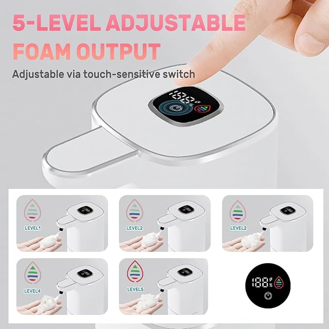 Automatic Soap Dispenser Liquid Touchless,Wall USB Rechargeable 5-Level Adjustable,Large Capacity 12.17oz/360mL Smart Hand Soap Dispenser for Kitchen Bathroom Kids Family