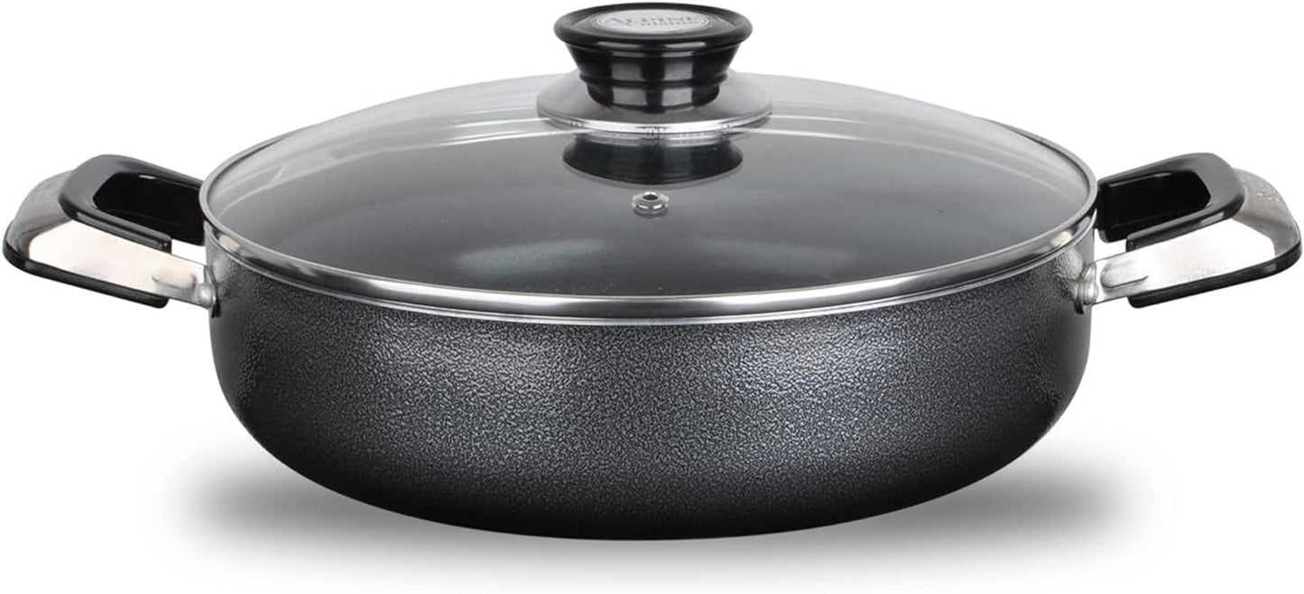 Alpine Cuisine 3 Quart Non-stick Caldero Stock Pot with Tempered Glass Lid and Carrying Handles, Multi-Purpose Cookware Aluminum Dutch Oven for Braising, Boiling, Stewing