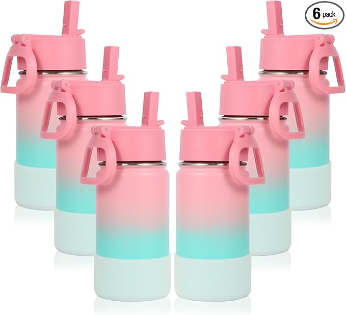 Volhoply 14oz KIds Water Bottle with Straw Lid and Silicone Boot Bulk 6 Pack,Stainless Steel Insulated Cups for Boys & Girls Multipack,Double Wall Vacuum Leakproof Bottles(Pink Green,6)