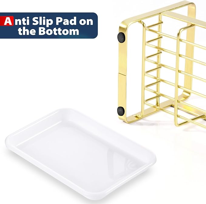 HULISEN Kitchen Sink Sponge Holder, 304 Stainless Steel Kitchen Soap Dispenser Organizer, Countertop Drainer with Removable Tray, not Including Dispenser and Brush, Gold