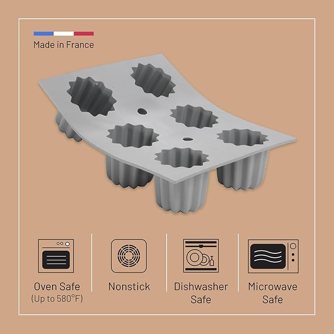 de Buyer ELASTOMOULE Cannele Silicone Mold - Creates 6 French Pastries - Easy to Use & Clean - Dishwasher Safe