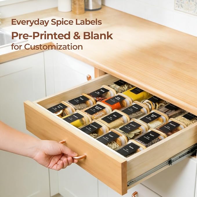 ComSaf 16Pcs Spice Jars with Labels, Glass Jar with Bamboo Lid, 6oz Airtight Square Containers with Black Lables, Empty Seasoning Jars for Spice, Salt, Pepper, Sugar