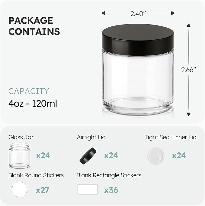 4 oz Glass Jars with Lids, 24 Pack Clear Small Glass Jars with Black Lids Leakproof Round Airtight Empty Cosmetic Travel Containers with Inner Liners For Lotions Powders and Candle Making