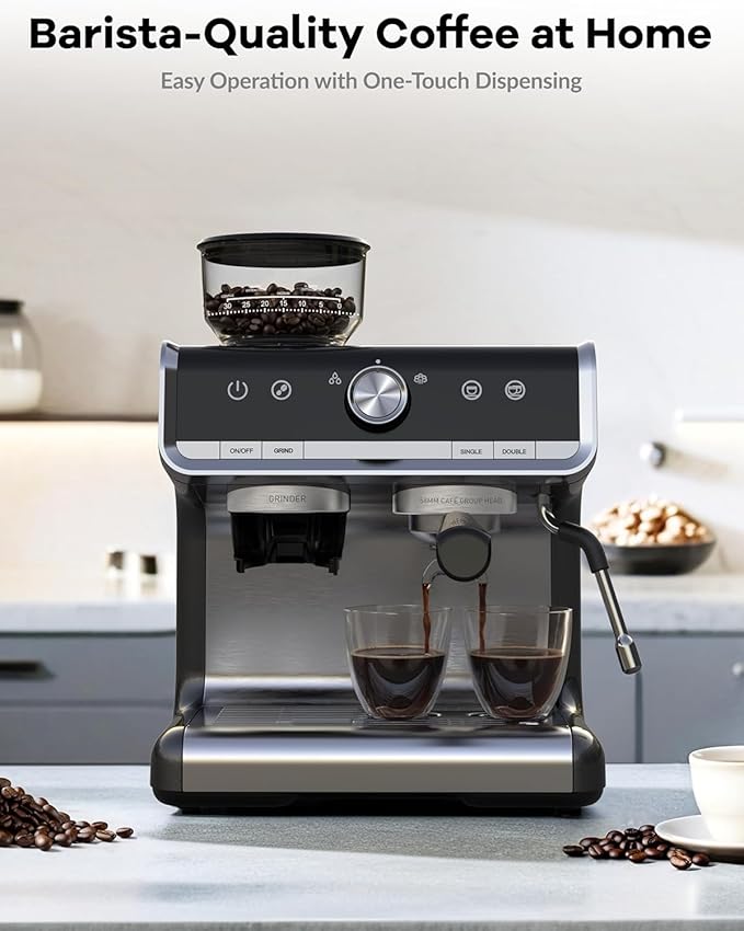 GarveeHome Espresso Machine With Grinder, 20 Bar Semi-Automatic Espresso Coffee Maker With Milk Frother Steamer Wand Cappuccino Latte Macchiato, 95 oz Water Tank, PID Temperature Control, Dark Gray