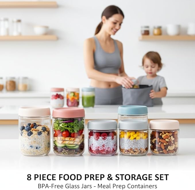 ColoVie 8 Pack Overnight Oats Containers with Lids, Chia Seed Pudding Jars, Stackable Mason Jars with Airtight Lids, Meal Prep, Wide Mouth Glass Food Storage for Snacks Yogurt Spice Sugar, 16oz 10 oz