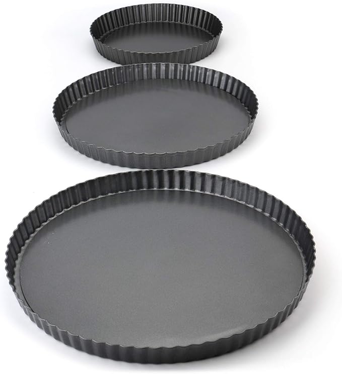 Tosnail Set of 3 Non-Stick Round Quiche Pan, 12 Inch, 10 Inch, 8 Inch Fruit Tart Pan, Fluted Pie Pan with Removable Bottoms