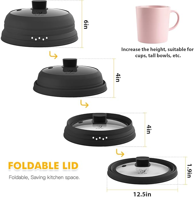 2 Pack Microwave Splatter Cover Glass Guard Lid with Collapsible Silicone for Food Pot Plate 8.5 inch and 9.8 inch Black, Tall Lid and Standard Size Lid