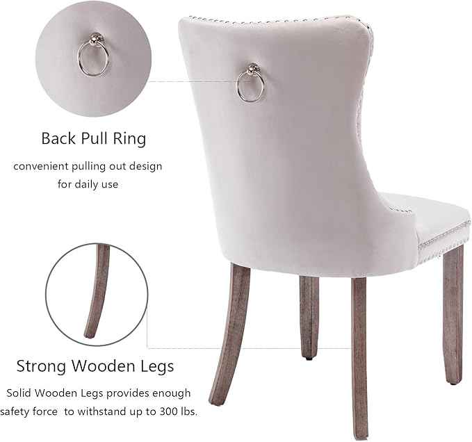 Beige Velvet Dining Chairs Set of 6, Upholstered Dining Room Chairs with Back Ring Pull Trim and Solid Wood Legs, Tufted Wingback Kitchen Chairs for Dining Room,Living Room,Kitchen(Beige)