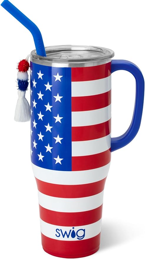 Swig Life 40oz Mega Mug, 40 oz Tumbler with Handle and Straw, Cup Holder Friendly, Dishwasher Safe, Extra Large Insulated Tumbler, Stainless Steel (All American)