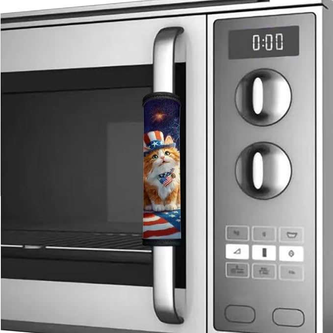 Patriotic Refrigerator Door Handle Covers Set of 6 Kitchen Electrical Appliances Handle Protector America 250th Anniversary Decorations for 4th of July, Cute Cat American Flag
