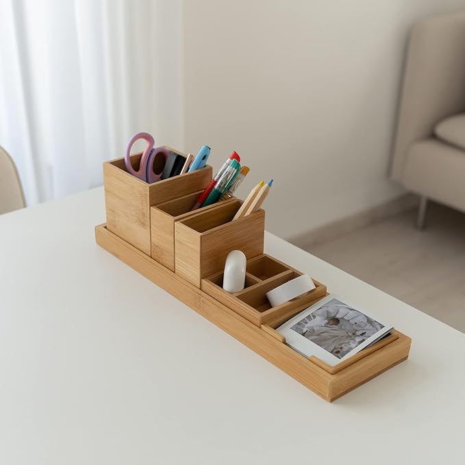 Bamboo & Wood Vanity Tray, 6-Piece Bathroom Countertop Vanity Tray Set, Makeup Kitchen Desk Organizer and Storage - Holds Small Items