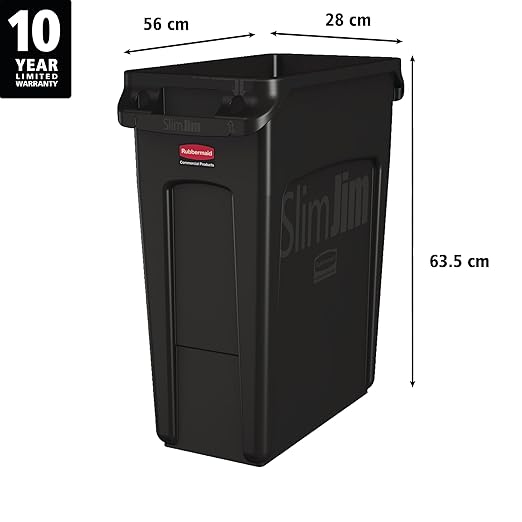 Rubbermaid Commercial Products Slim Jim Plastic Rectangular Trash/Garbage Can/Bin with Venting Channels, 16 GAL, Black, for Kitchens/Classrooms/Offices/Back of House