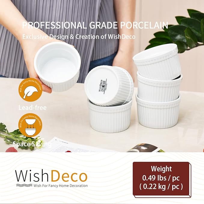 WishDeco Ramekins Set of 6, Creme Brulee Ramekins 7 oz, White Dipping Sauce Dishes, Porcelain Ramekin Bowls for Baking, Souffle, Custard Pudding, Cake, Oven Safe