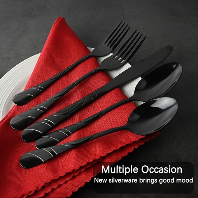 Black Silverware Set for 8, 18/0 Stainless Steel 40-Piece Frosted & Mirror Finish Flatware Set, Modern Cutlery Set for Wedding Restaurant Housewarming Party Event Serving For 8