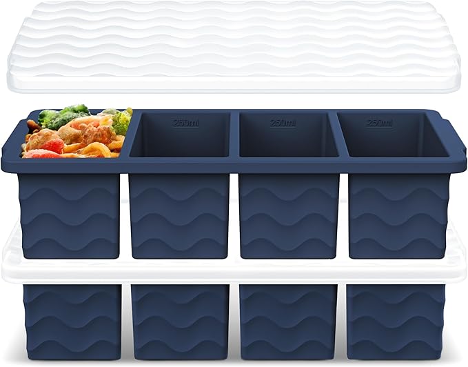 Doasuwish Silicone Freezer Tray for Soup with Lid – 1-Cup Soup Container Cube Style Ice Cube Trays for Freezer, Meal Prep & Food Storage, Freeze 250mL/125mL Portions – 2 Pack