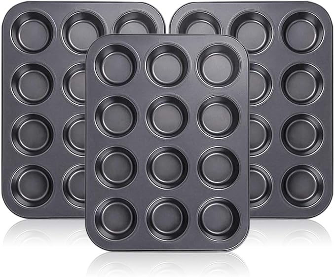 Kingrol 12-Cup Muffin & Cupcake Pans, Set of 3 Baking Pans, Non-stick Bakeware, 1.1" Deep