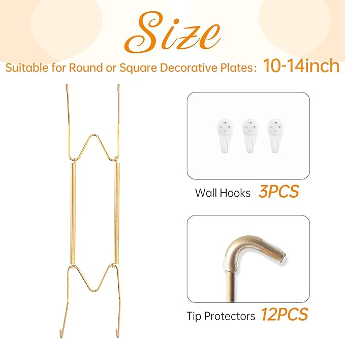 3 Pack Plate Hangers for The Wall, Suitable for 10-14 inch Art Plate, Stainless Steel Invisible Heavy Duty Wire Plate Holder with Wall Hooks, Plate Hangers for Displaying Plates, Platter, Dish, Gold
