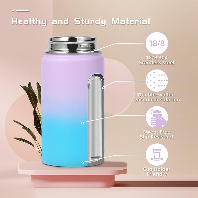 Volhoply 14oz KIds Water Bottle with Straw Lid and Silicone Boot Bulk 6 Pack,Stainless Steel Insulated Cups for Boys & Girls Multipack,Double Wall Vacuum Leakproof Bottles(Lavender Blue,6)