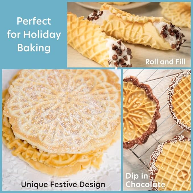 Pizzelle Maker- Non-Stick Electric Baker Press Makes Two 5-Inch Cookies at Once, Even Heating Plates- Must Have Party Baking Supplies- Italian Dessert Treat Making w Recipe Guide- Mothers Day Gift