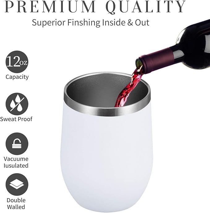 MEWAY Stemless 12 OZ Wine Tumbler Glasses with Lid -Insulated Double Wall Vacuum Stainless Steel Travel Tumbler with Straw,for Woman Under 10 dollars (White,1)