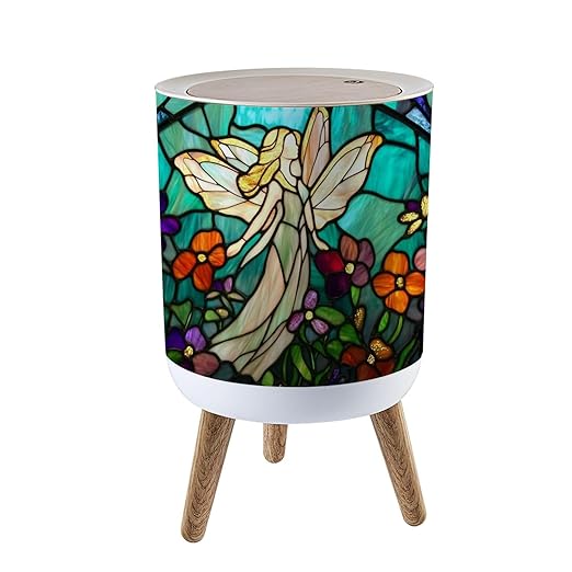 Trash Can with Lid Teal Fantasy Glass Art Flower Fairy Sunset Flowers Press Top Round Small Garbage Bin with Wooden Legs Waste Basket for Kitchen Bedroom Nursery 7L/1.8 Gallon
