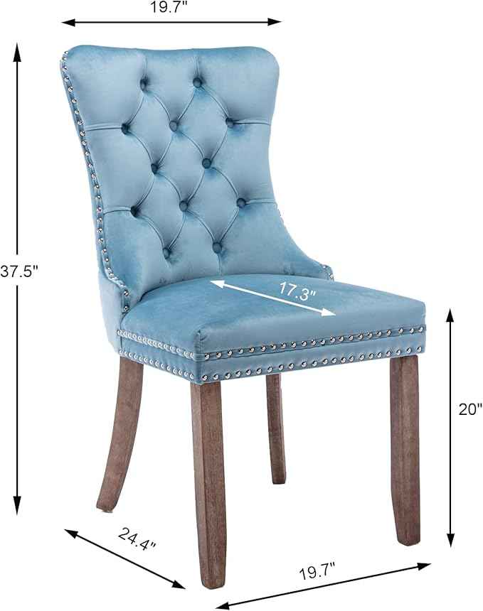 Upholstered Dining Chairs Set of 6, Velvet Dining Room Chairs with Back Ring Pull Trim and Solid Wood Legs, Tufted Wingback Kitchen Chair Perfect for Dining Room,Living Room,Kitchen(Light Blue)