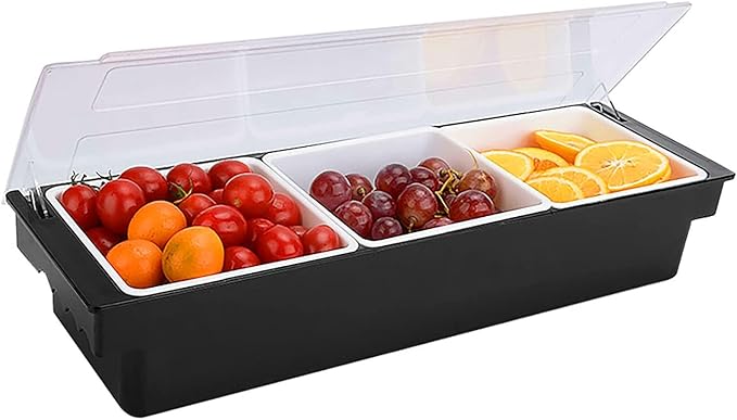 Ice Cooled Condiment Serving Container Fruit Veggie Condiment Caddy Plastic Garnish Station with Lid for Fruit,Ice Cream,Salad Bar-Topping Organizer for Restaurant Supplies (3 Compartments)